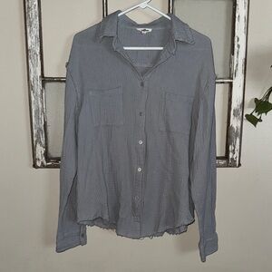 GeeGee 100% Cotton Gauze Blue Collared Button Down long Sleeve Blouse sz Large
